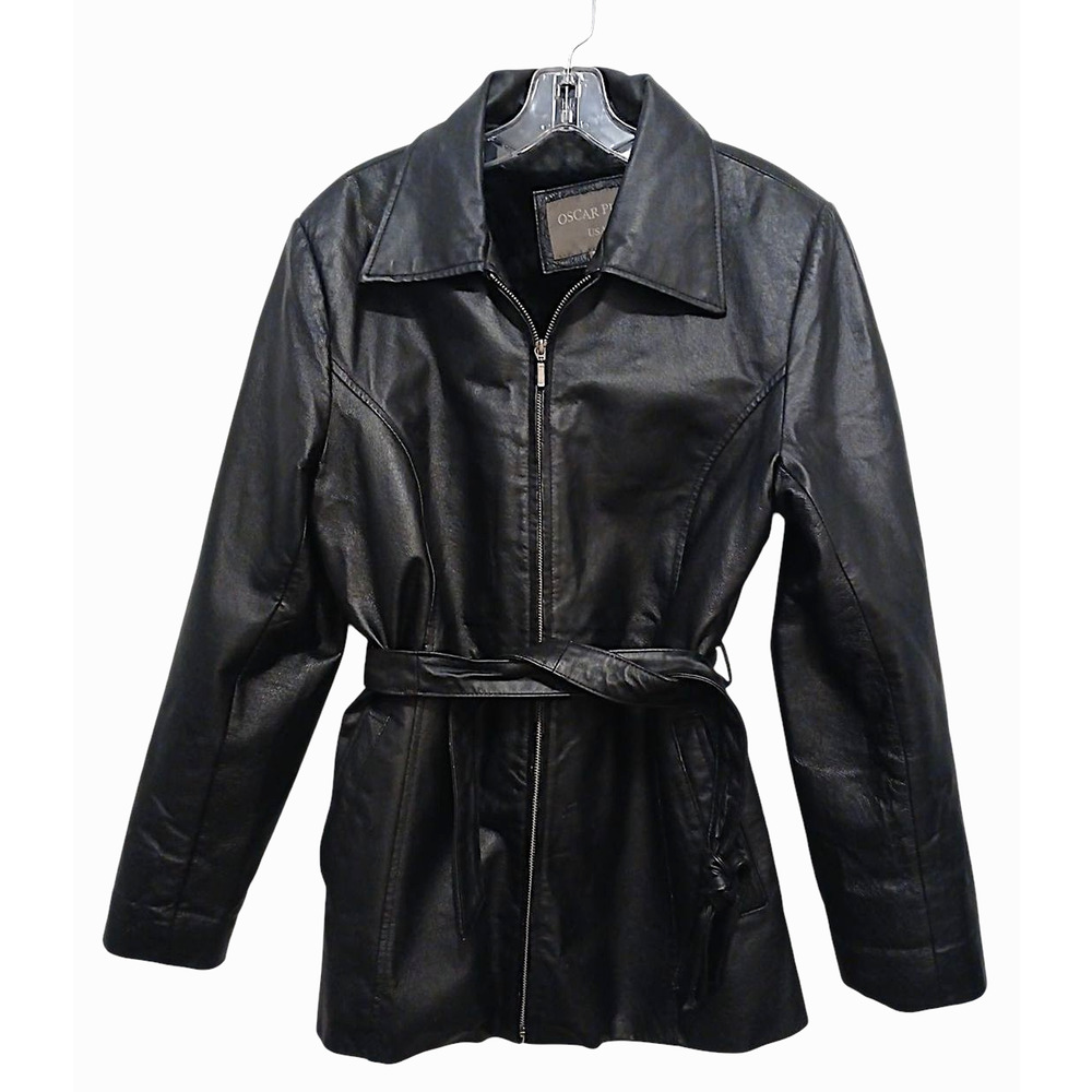 Oscar Piel Leather Jacket w Removable Liner Faux Fur Sz M Black Classic Preppy